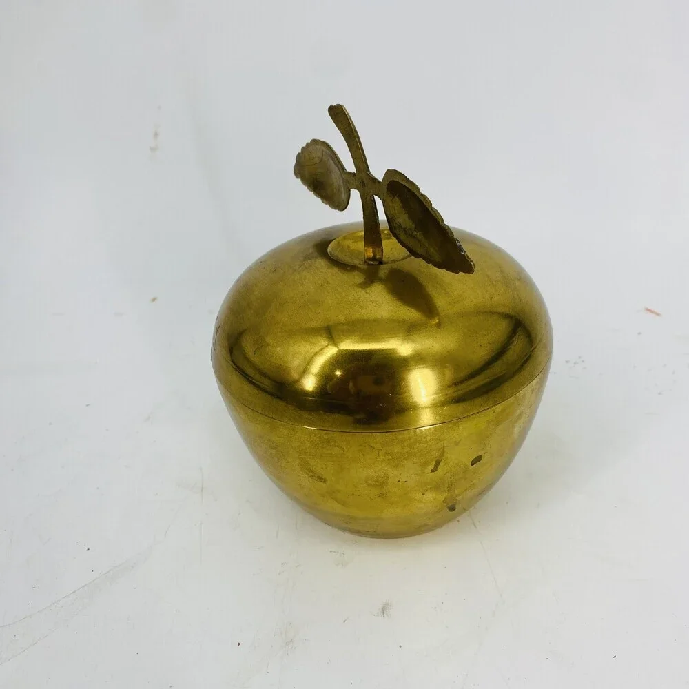 Vintage Brass Apple Bowl With Lid Trinket Stashbox Aged Patina Retro Home Decor
